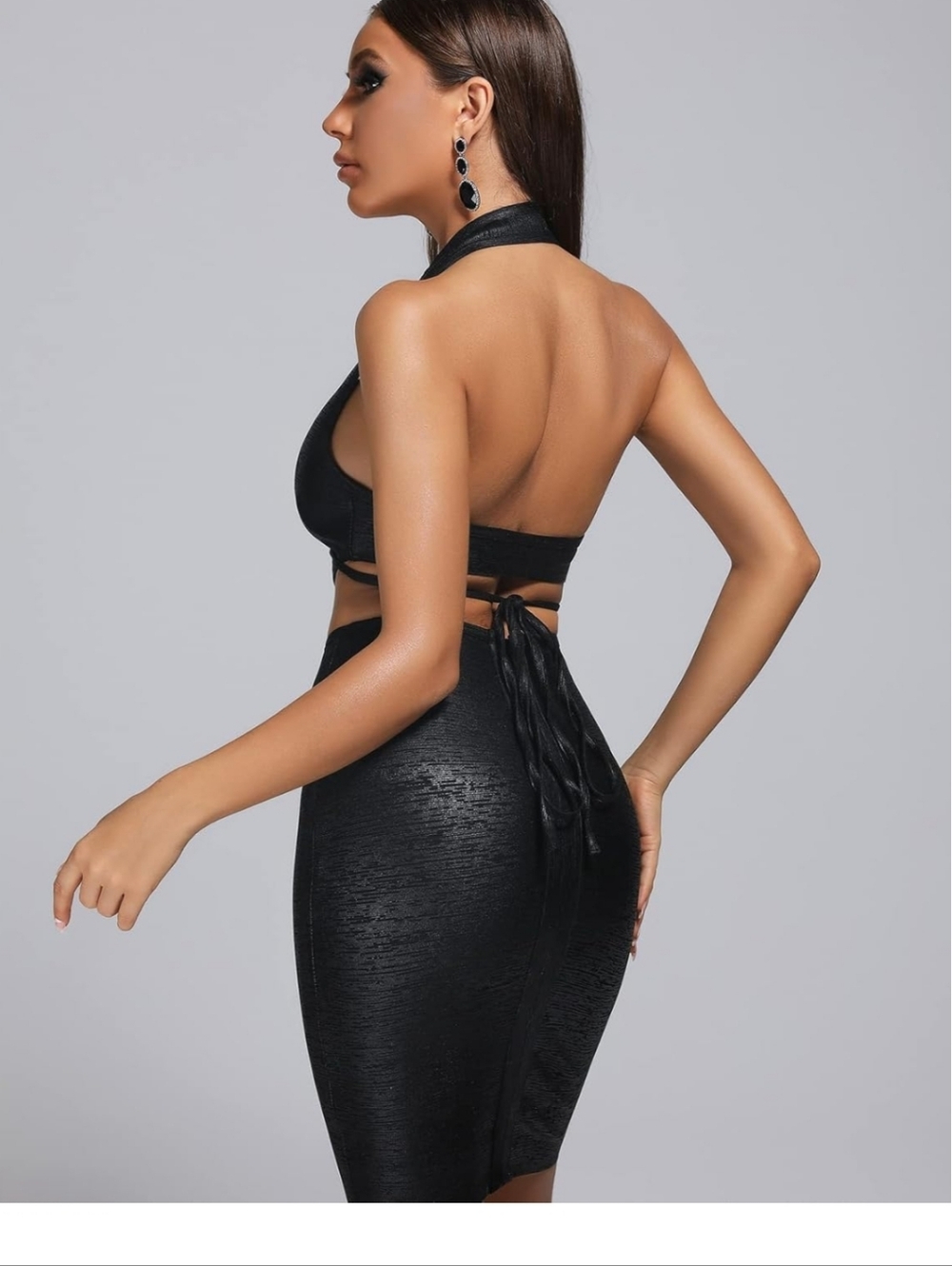 Sexy Metallic Black Cutout Halter Bodycon Dress - Picture 4 of 4